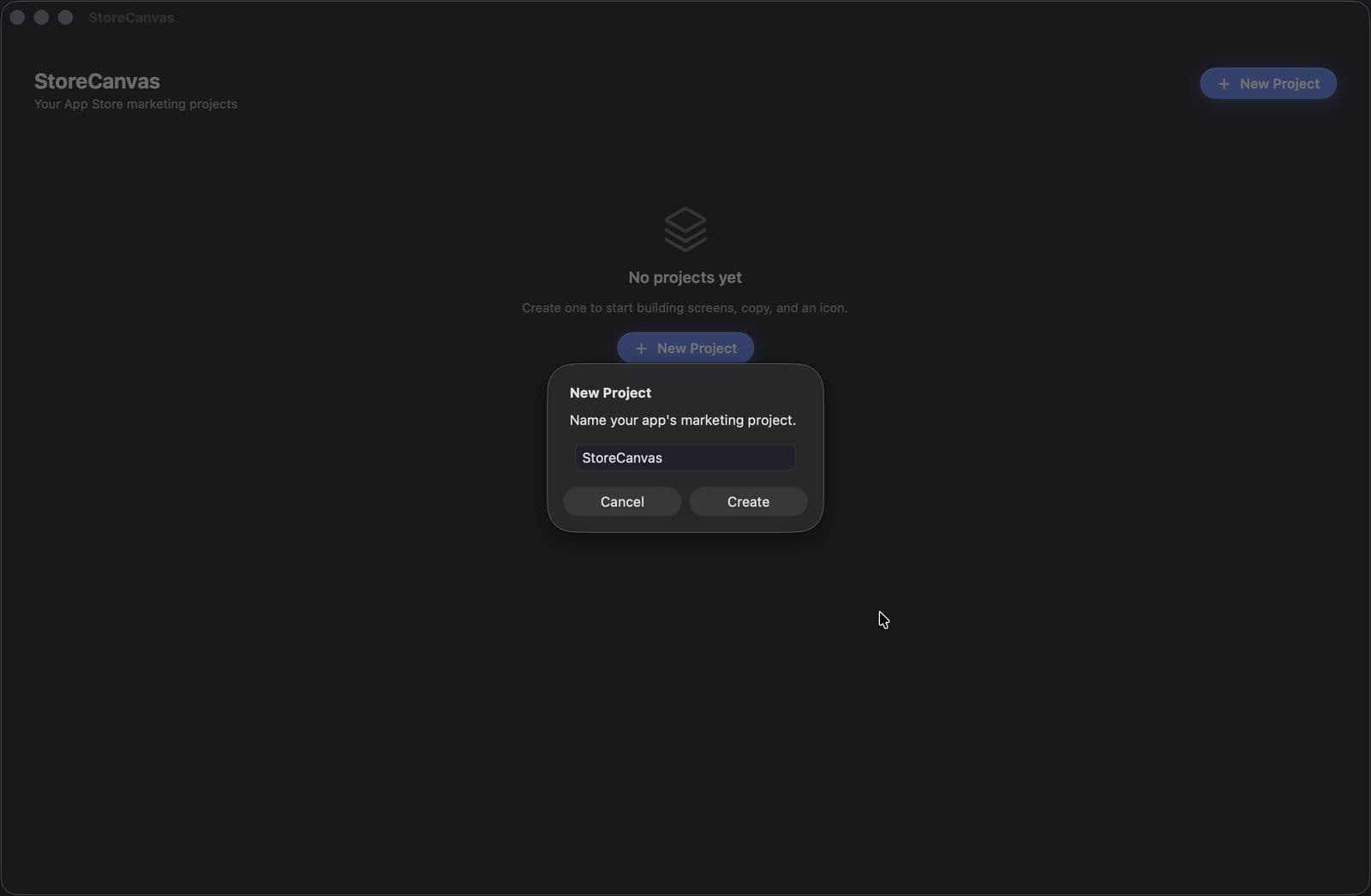 The New Project sheet asking for a project name, with Cancel and Create buttons.