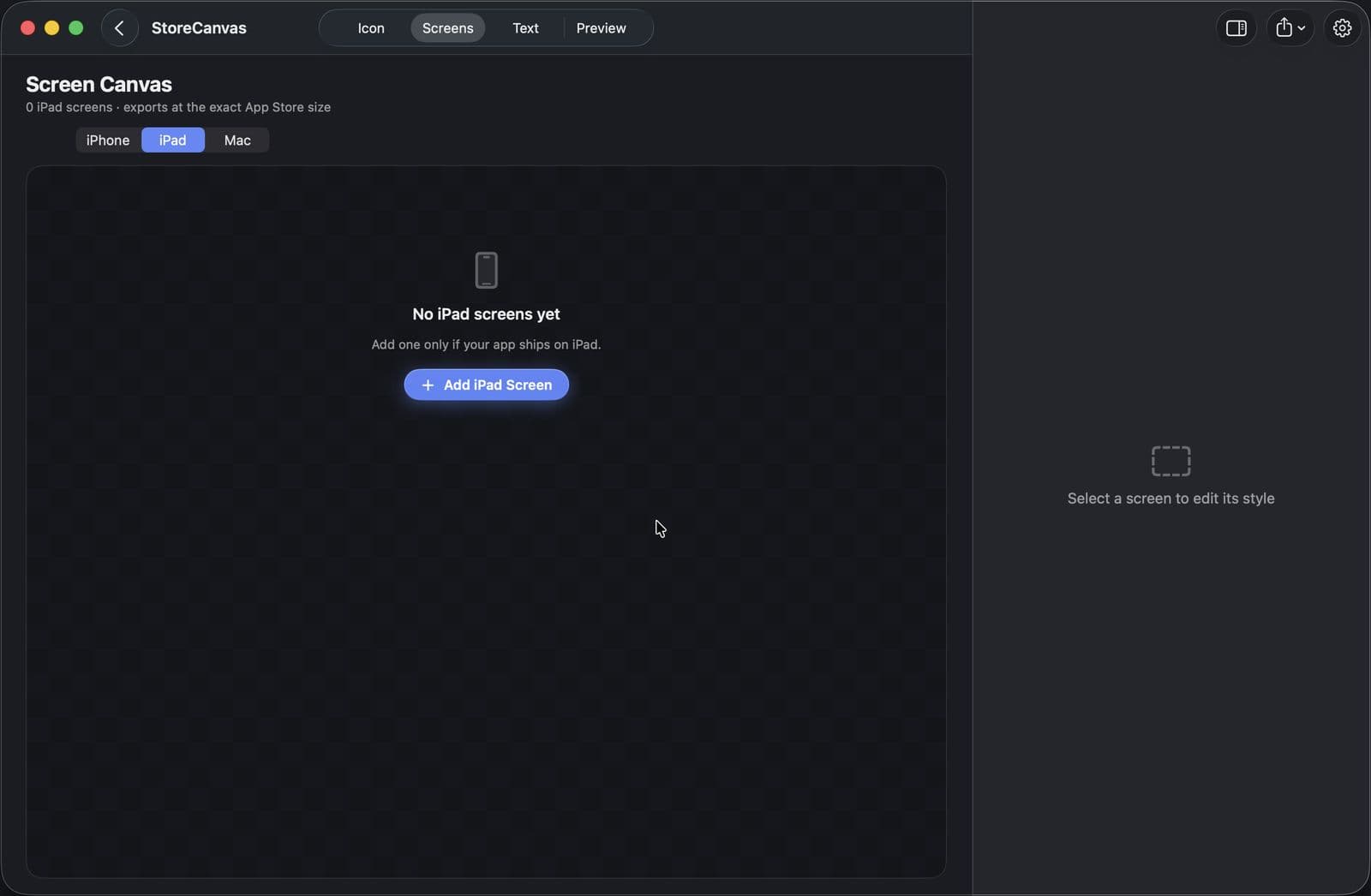 The StoreCanvas Screens tab on the iPad set, empty, with the inspector open on the right.