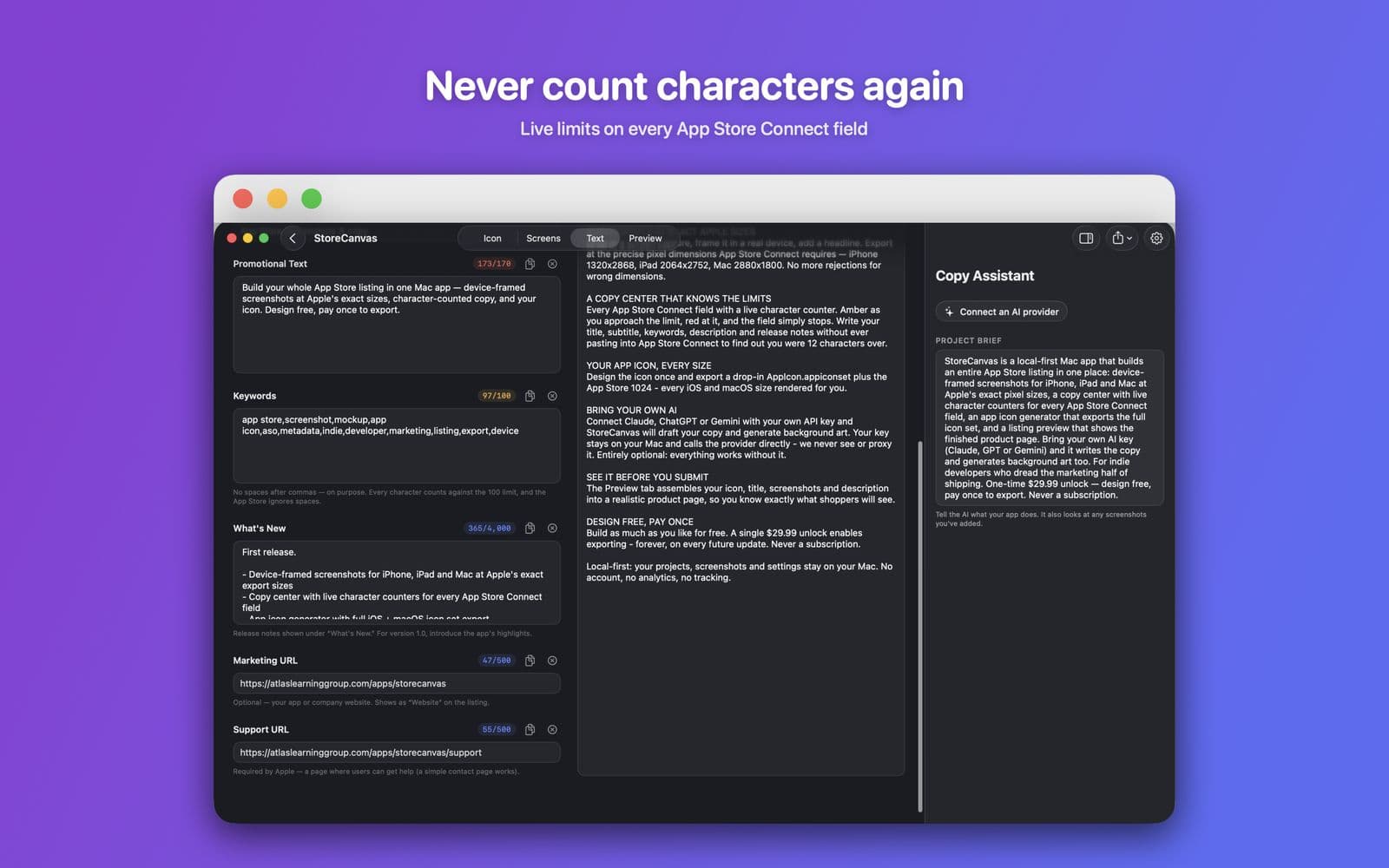 StoreCanvas Text tab: promotional text, keywords, what's new and URL fields with live counters, and the Copy Assistant panel. Headline: Never count characters again.