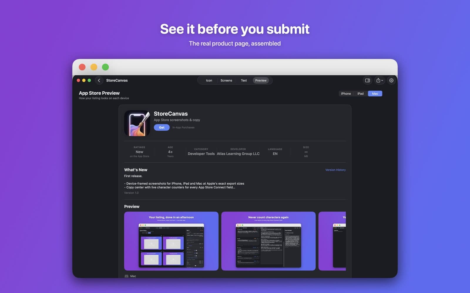 StoreCanvas Preview tab: the assembled App Store product page for a Mac app. Headline: See it before you submit.